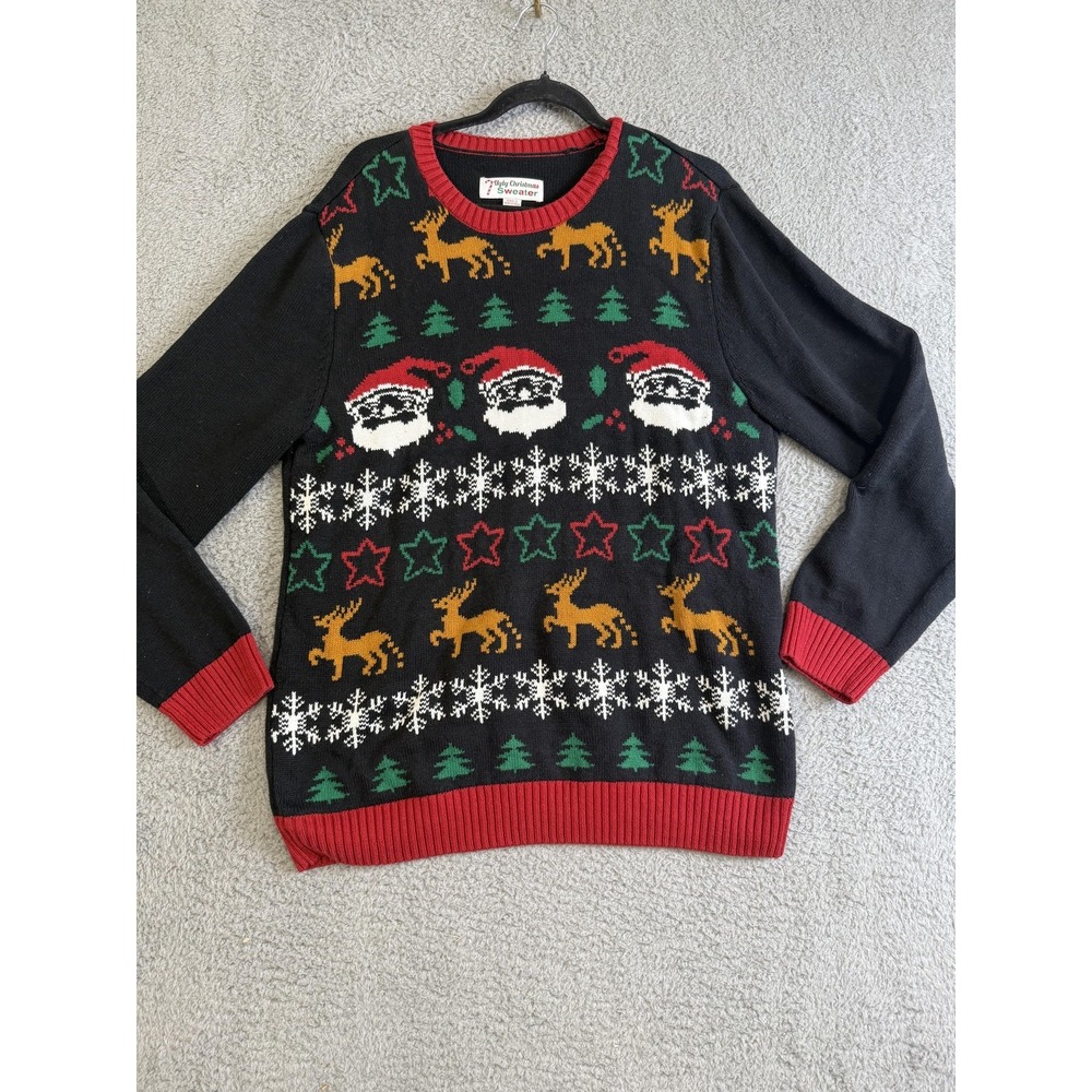 Ugly Christmas Sweater Mens XL Santa Reindeer Trees Snowflake Knit Holiday‎
